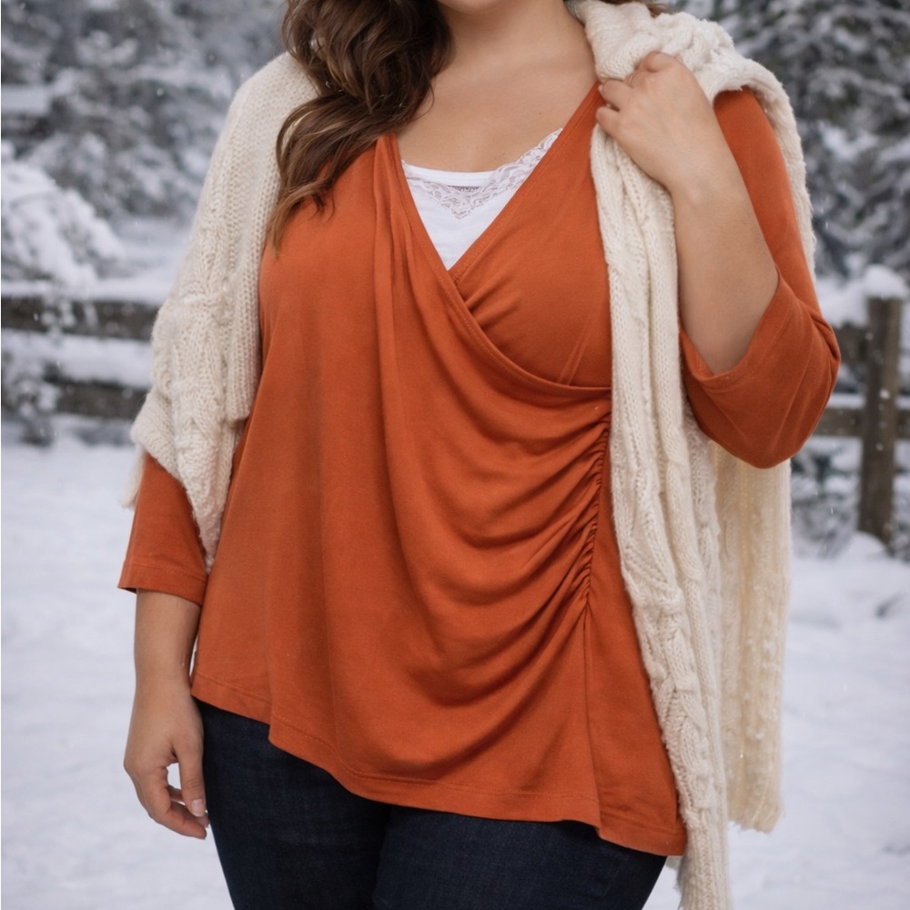 Coldwater Creek Orange Drape Front Scoop Neck Tunic Blouse | 1X